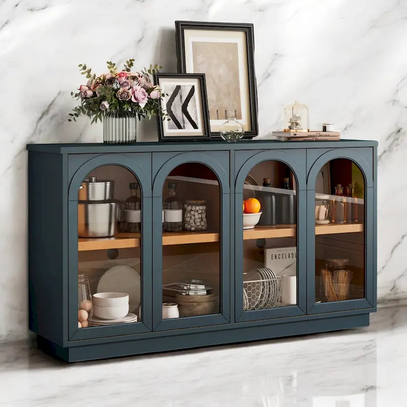 4-Door Large Storage Buffet Cabinet with Glass Doors, Adjustable Shelves and Arched Design for Kitchen, Dining Room