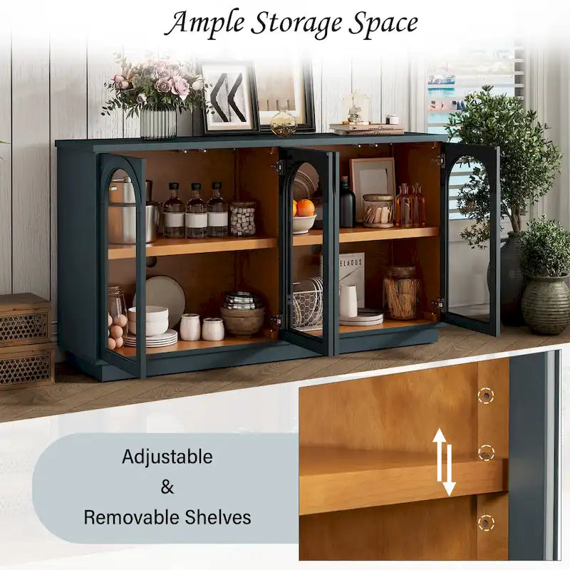 4-Door Large Storage Buffet Cabinet with Glass Doors, Adjustable Shelves and Arched Design for Kitchen, Dining Room