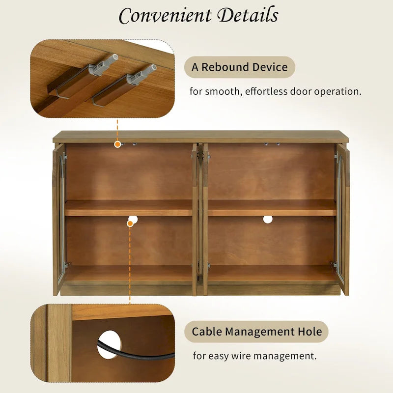 4-Door Large Storage Buffet Cabinet with Glass Doors, Adjustable Shelves and Arched Design for Kitchen, Dining Room