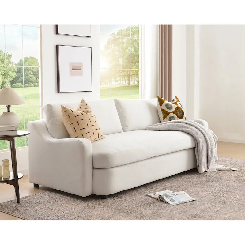 KINWELL 3-Seater Linen Upholstered Deep Seat Sofa with Flippable Cushions, 90W