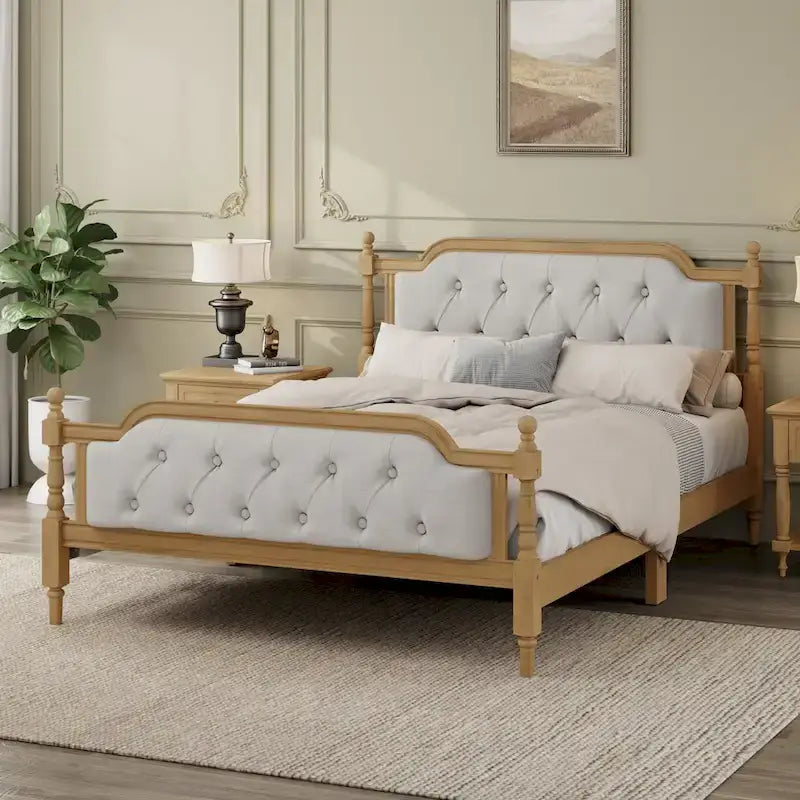 Full Size French Provincial Bed With Tufted Upholstered Headboard And Solid Pine Frame