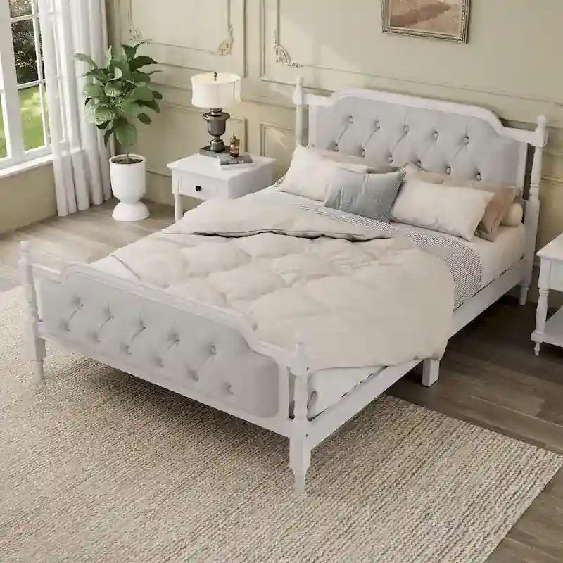Full Size French Provincial Bed With Tufted Upholstered Headboard And Solid Pine Frame