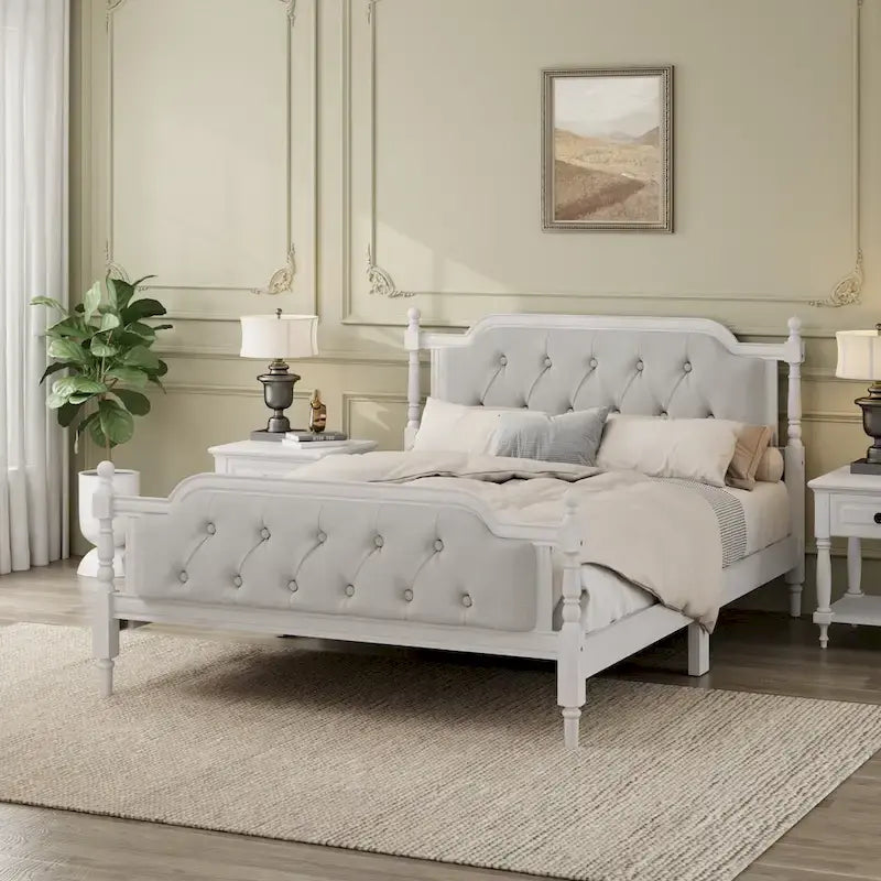 Full Size French Provincial Bed With Tufted Upholstered Headboard And Solid Pine Frame