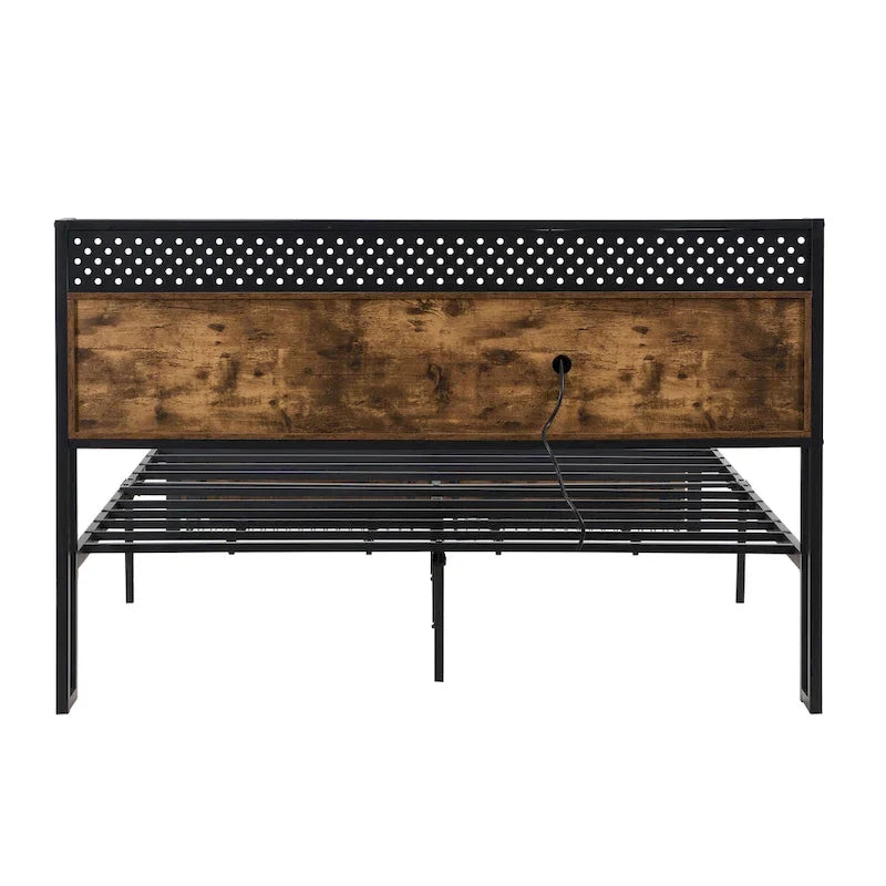 King Size Metal Platform Bed with Wooden Headboard, Drawers, and LEDs