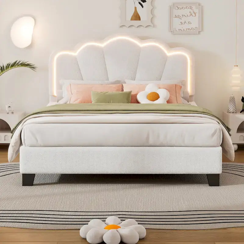 White Full Size Sherpa Upholstered Bed with Floral Headboard