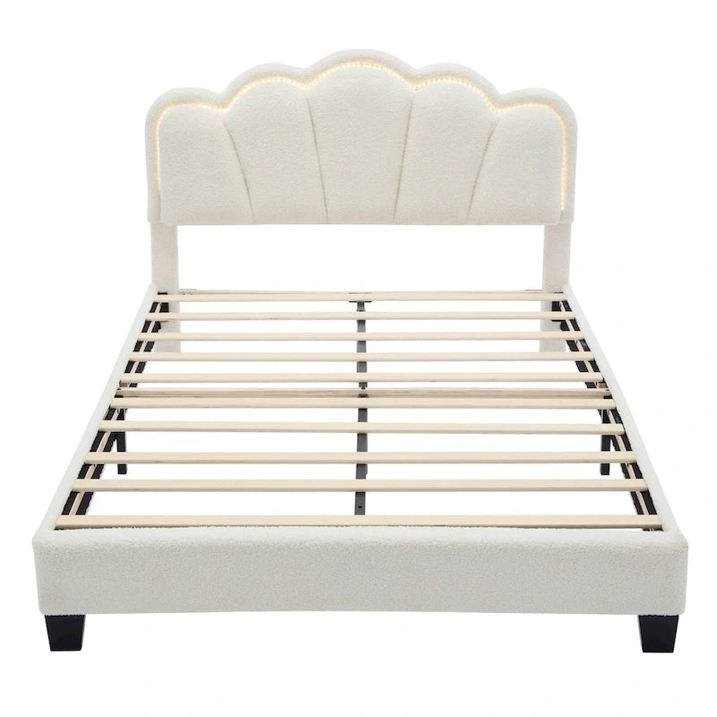 White Full Size Sherpa Upholstered Bed with Floral Headboard