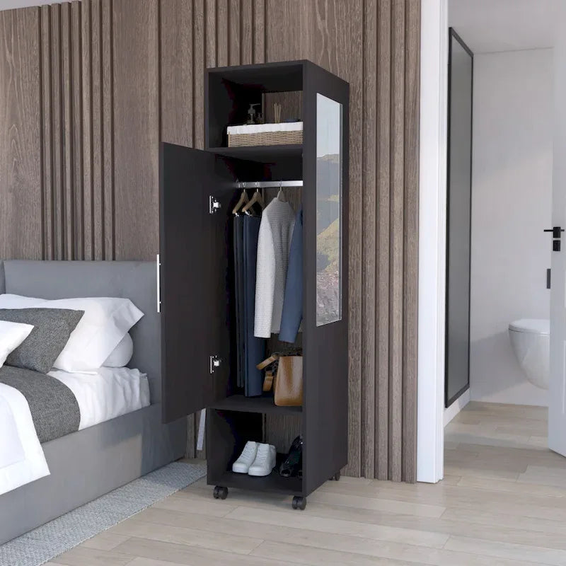 15.7 Modern Mirrored Armoire with Three Shelves, Casters and Hanging Rod
