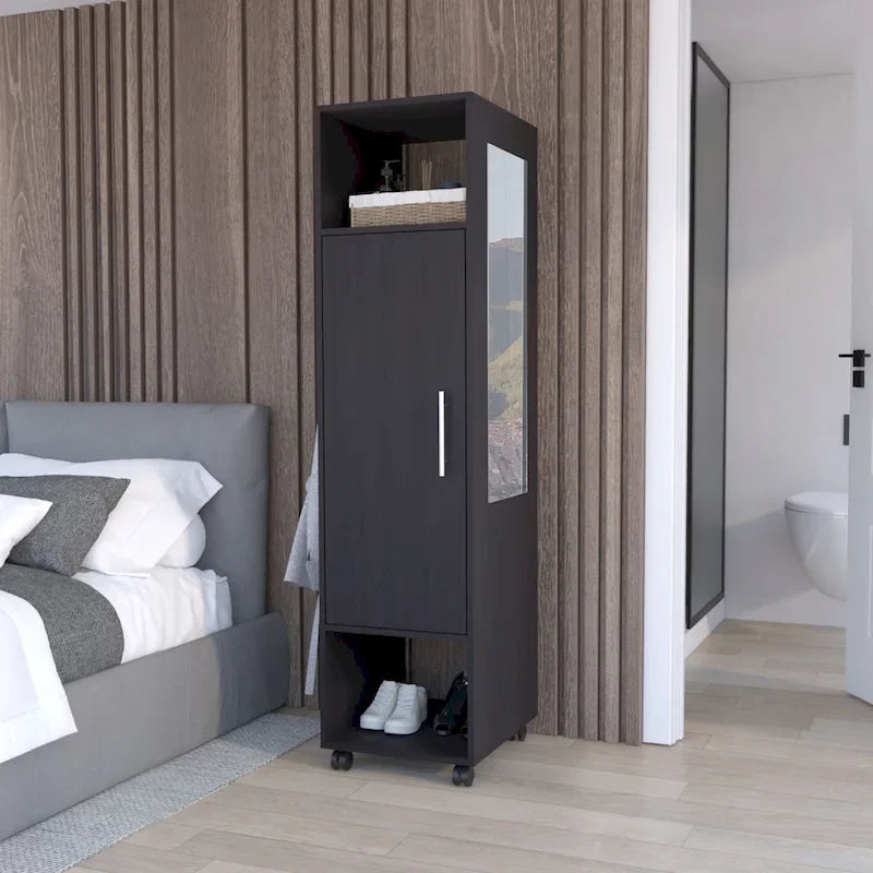 15.7 Modern Mirrored Armoire with Three Shelves, Casters and Hanging Rod