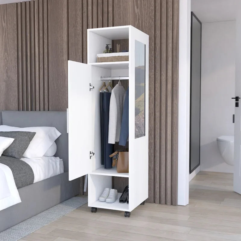 15.7 Modern Mirrored Armoire with Three Shelves, Casters and Hanging Rod