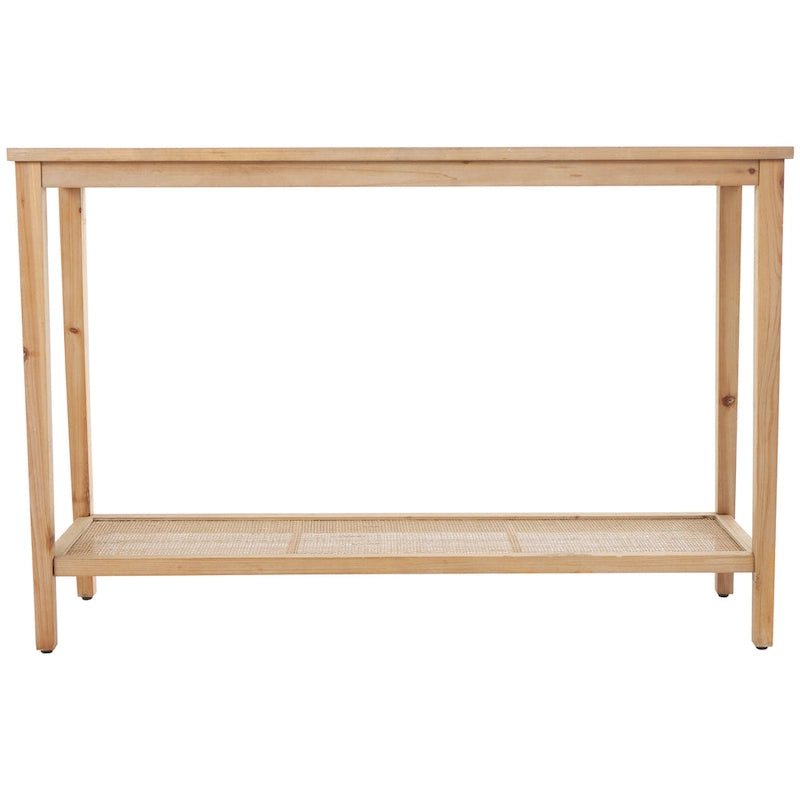 Wood Slim Natural 1 Shelf Console Table with Glass Top and Rattan Shelf - Brown - Roche River Decor - 14Wx47Lx32H