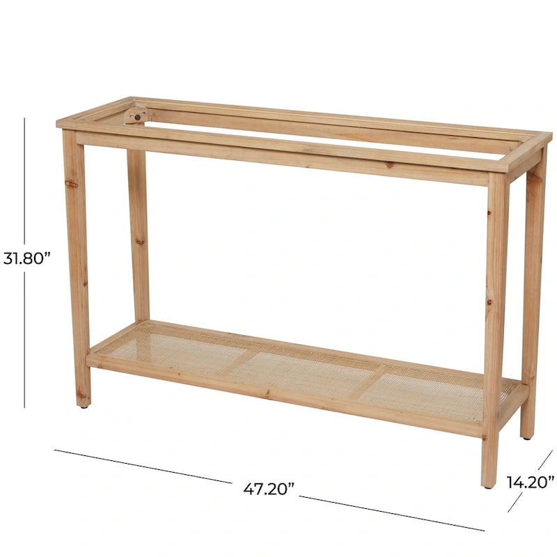 Wood Slim Natural 1 Shelf Console Table with Glass Top and Rattan Shelf - Brown - Roche River Decor - 14Wx47Lx32H