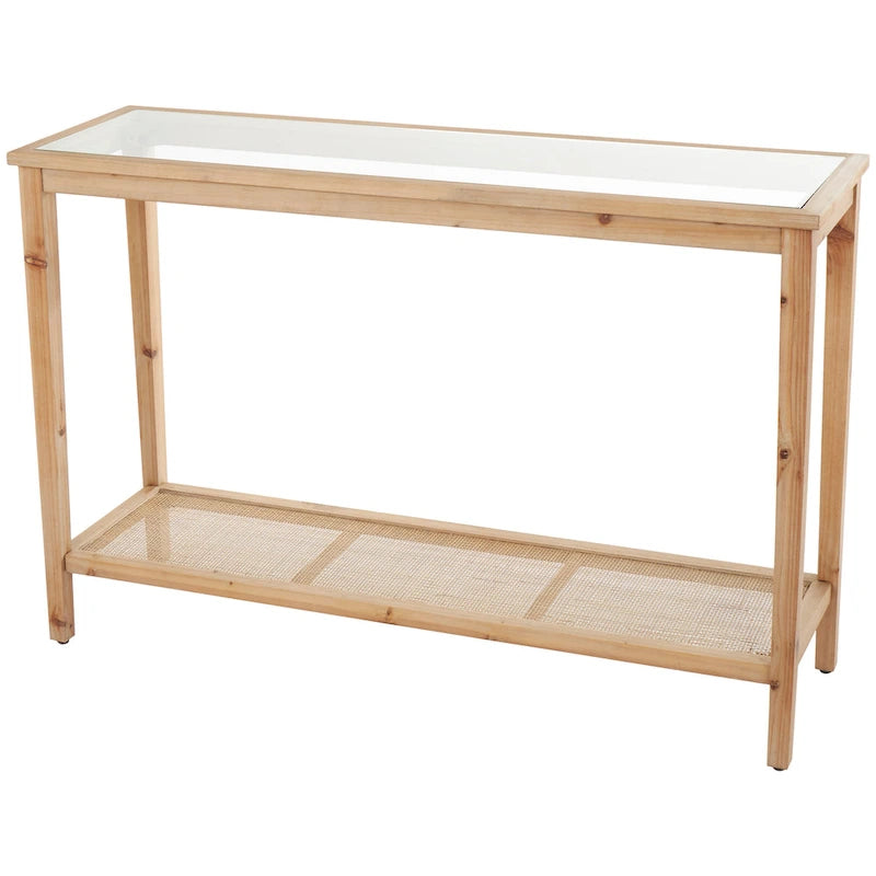 Wood Slim Natural 1 Shelf Console Table with Glass Top and Rattan Shelf - Brown - Roche River Decor - 14Wx47Lx32H