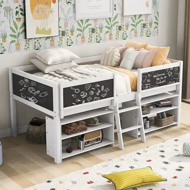 Twin Size Low Loft Bed with 2 Movable Shelves and Ladder & Chalkboard