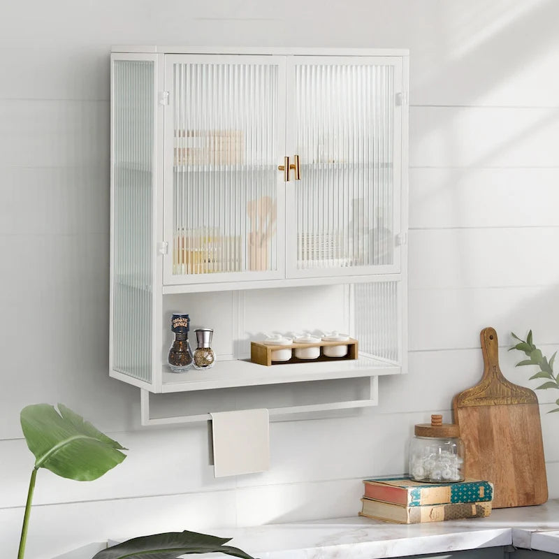 Roomfitters Modern 23.62 Glass Door Wall Cabinet with Two-Tier Enclosed Storage, Open Shelf, and Towel Rack for Entryway