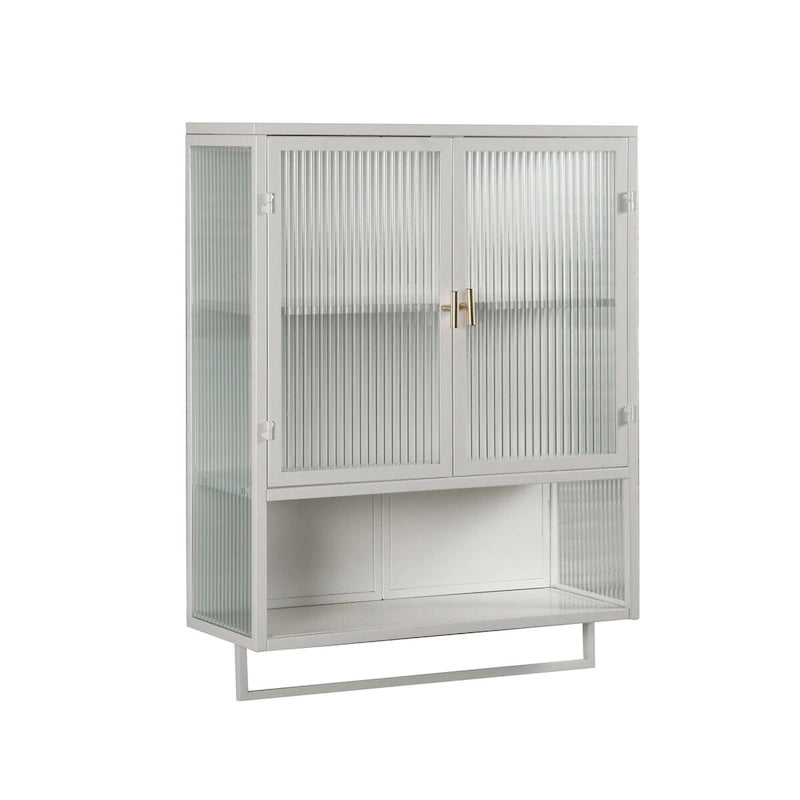 Roomfitters Modern 23.62 Glass Door Wall Cabinet with Two-Tier Enclosed Storage, Open Shelf, and Towel Rack for Entryway