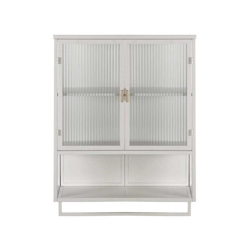 Roomfitters Modern 23.62 Glass Door Wall Cabinet with Two-Tier Enclosed Storage, Open Shelf, and Towel Rack for Entryway
